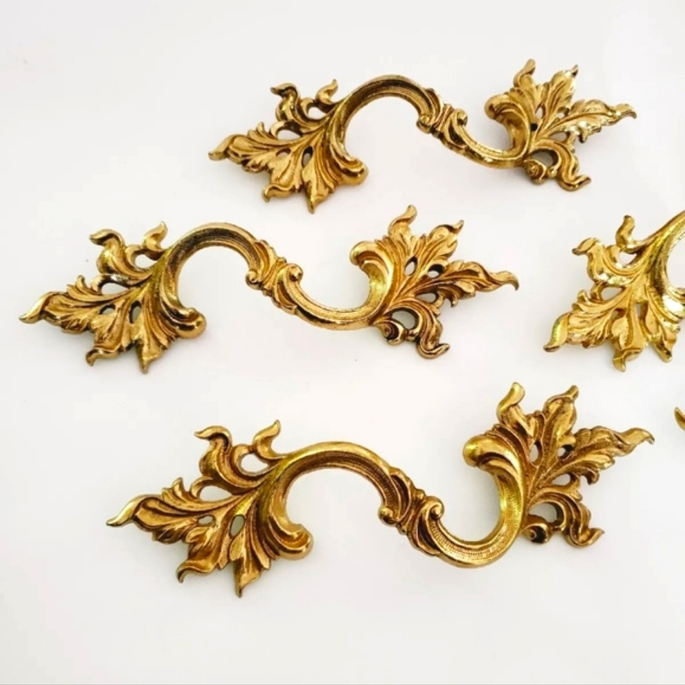 Antique Brass door pulls dresser handles detailed leaf design Four vintage